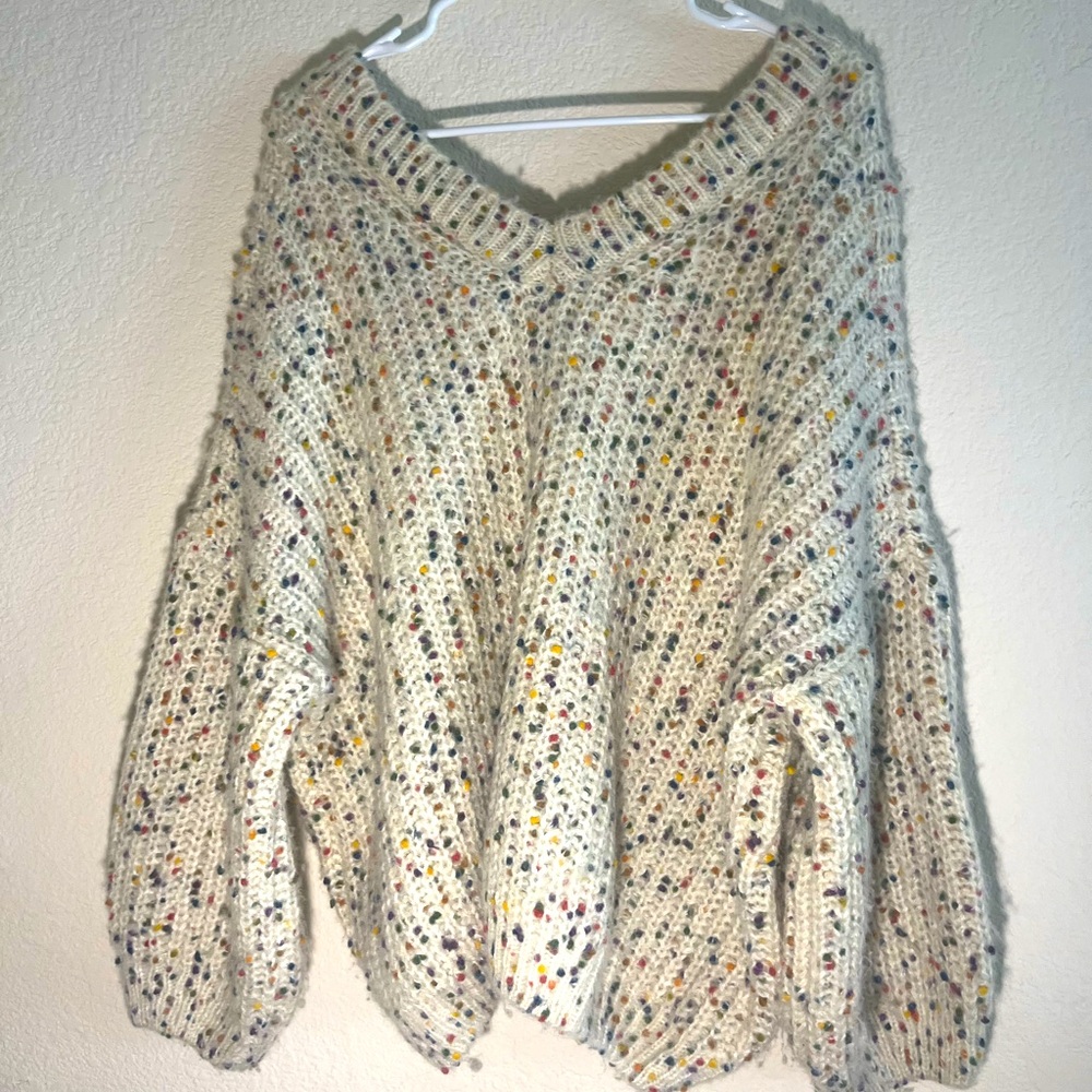 White and Rainbow Flecked Chunky Thick Knit Sweater